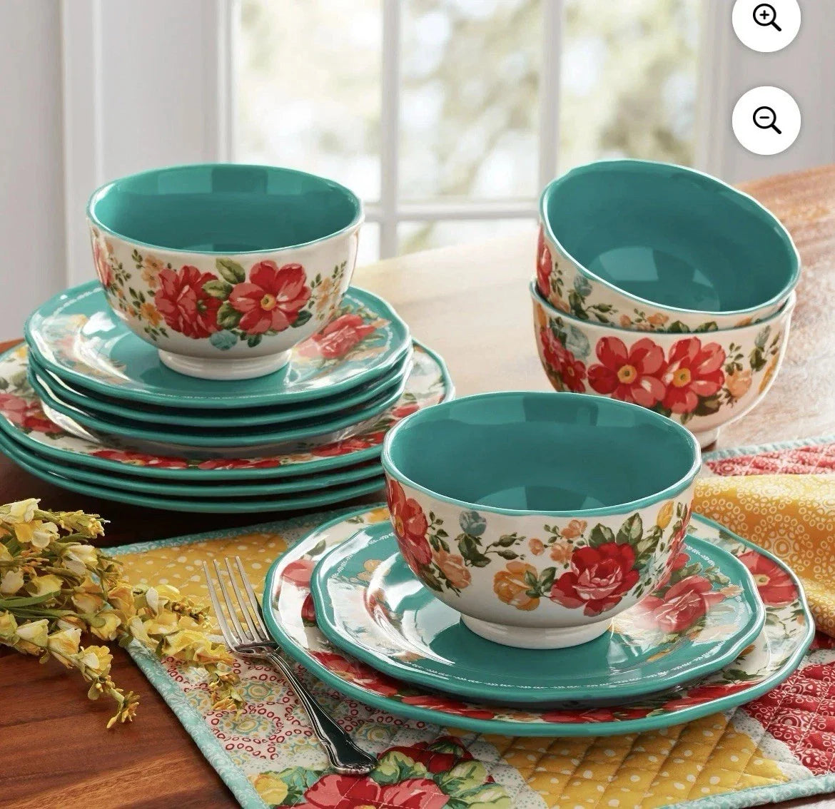 The Pioneer Woman Vintage Floral 12-Piece Dinnerware Set Teal Plates Bowls READ