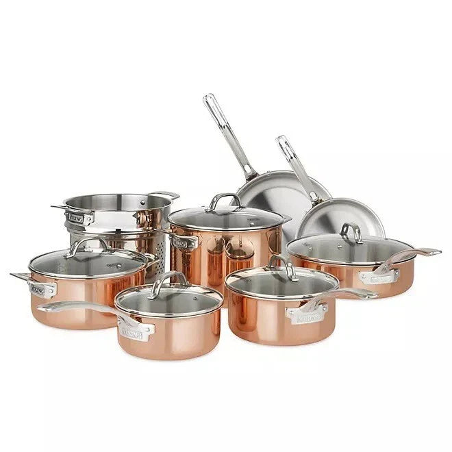 13-Piece Professional Tri-Ply Copper Cookware Set with Vented Glass Lids