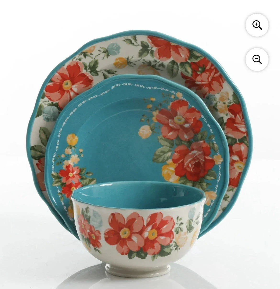 The Pioneer Woman Vintage Floral 12-Piece Dinnerware Set Teal Plates Bowls READ